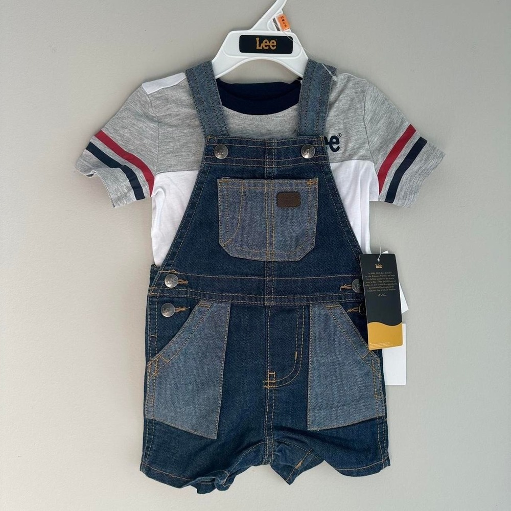 NWT Lee 12 Mo Baby Toddler Boy 2 Piece Denim Overalls T Shirt Grey Blue Multi